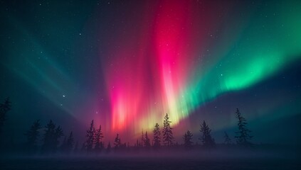 Naklejka premium Dancing colorful aurora borealis lighting up forest clearing, with conifer trees and fog layer