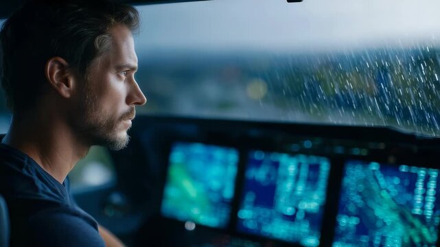 Professional pilot concentrates on advanced avionics in high tech cockpit as rain falls outside, creating dramatic atmosphere. Scene highlights aviation technology, pilot expertise in adverse