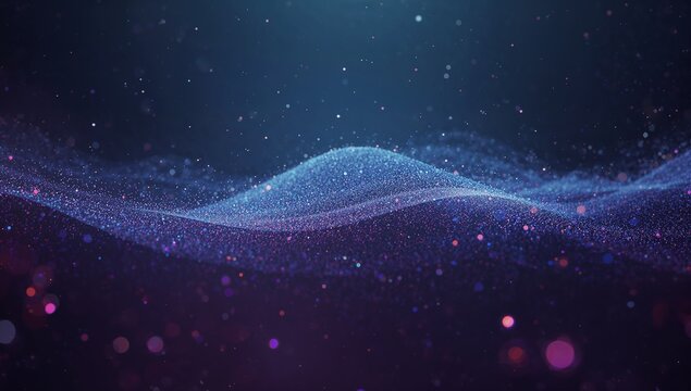 Showing undulating particle wave moving in particle field, with glowing scattered light points