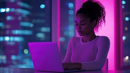 Woman working on laptop at night, with city lights in the background, illuminated by colorful neon lights.