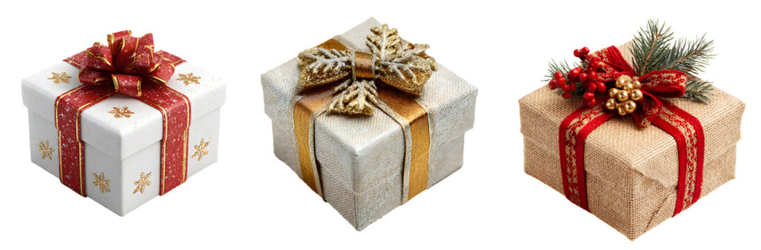 christmas gift boxes collection isolated on white background, cut out, transparent PNG
