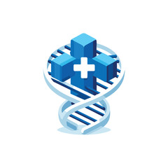 A 3D illustration of a blue cross with a white plus sign inside, superimposed on a DNA helix.
