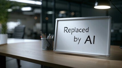 a whiteboard on a clean office desk, starkly lit, with "Replaced by AI" scrawled in harsh handwriting, conveying a profound and unsettling message.