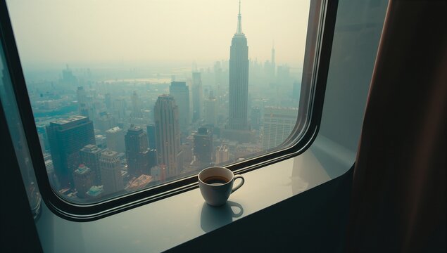 White ceramic cup sitting on glossy windowsill in city flat, with dark curtain and hazy skyline