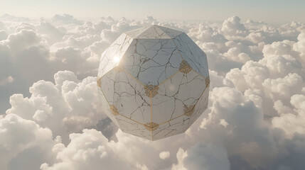 Estructura geométrica flotante de mármol y oro