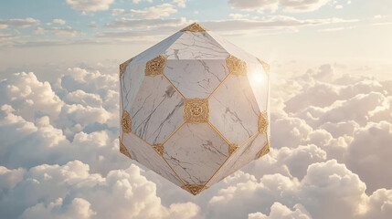 Estructura geométrica flotante de mármol y oro