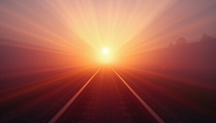 Fototapeta premium Extending steel railroad tracks toward glowing sun on horizon on rural railway, with gravel ballast