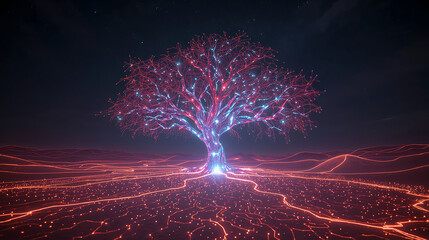 Árbol digital de fibra óptica en desierto de datos