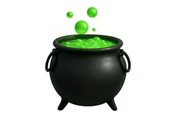 Black cauldron brewing green witch's potion with bubbles
