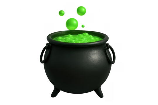 Black cauldron brewing green witch's potion with bubbles