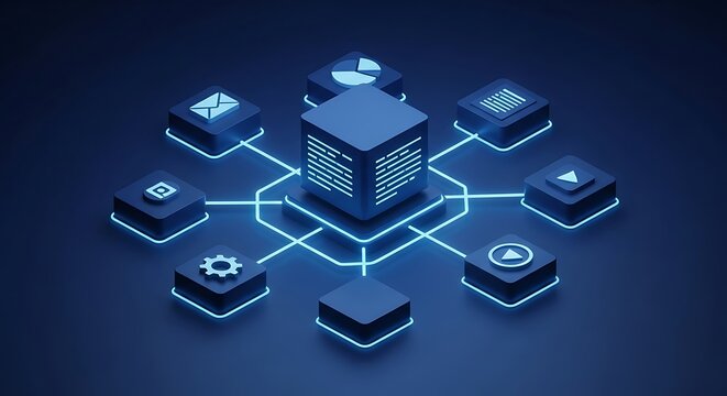 Centralized Data Hub with Connected Icons and Neon Blue Network technology connection