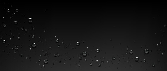 Wet glass surface with water droplets on black background for modern minimalist design. Clear condensation beads and scattered moisture drops. Dark elegant texture with realistic liquid elements.