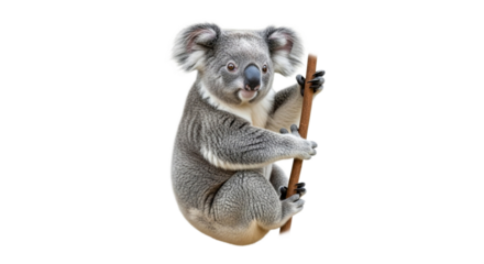 A koala bear clinging to a wooden pole with its paws in a black background looking straight ahead on transparent background