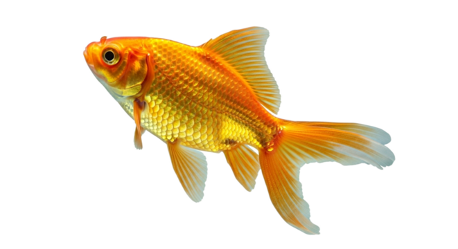 A single goldfish with orange scales and flowing fins swimming in a dark background studio shot on transparent background