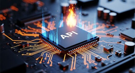 Futuristic API microchip with glowing circuits and digital fire effect circuit board