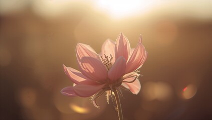 Obraz premium Glowing pink blossom radiating in meadow at golden hour, with petals, hairy stem, central stamens