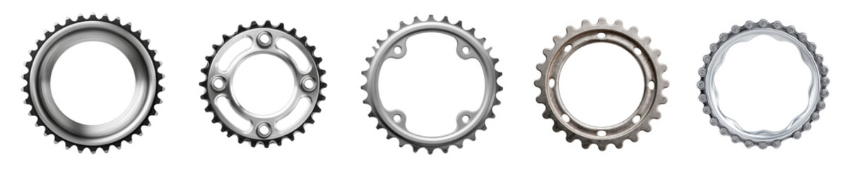 Collection of metal circular gears and cogwheels on a transparent background, industrial engineering parts in various sizes, isolated vector cut-out for mechanical design