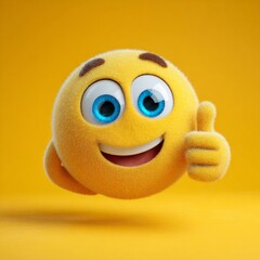 Happy fluffy smiley face giving a thumbs up on a bright yellow background