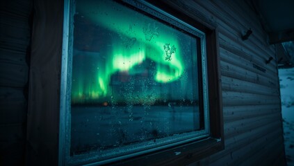 Fototapeta premium Displaying frosted cabin window showing droplets and aurora borealis at snowy cabin, wood siding