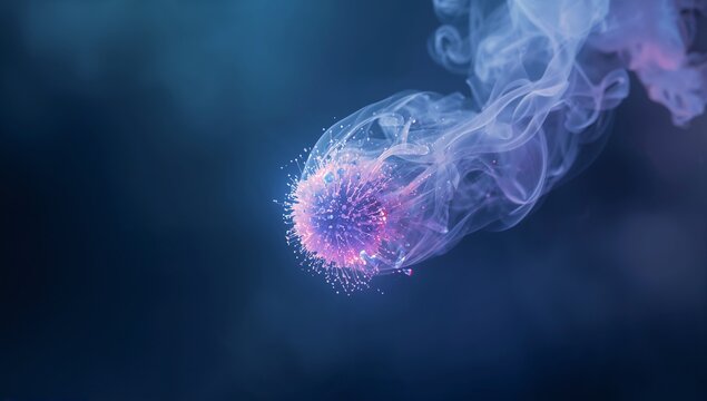 Glowing particle casting purple light in deep blue void, with sparks and vapor wisps, copy space