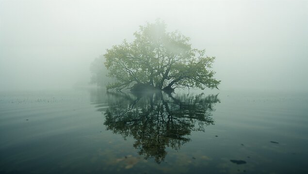 Fototapeta Standing solitary tree reflecting on mist-covered lake water, with glassy surface reflection