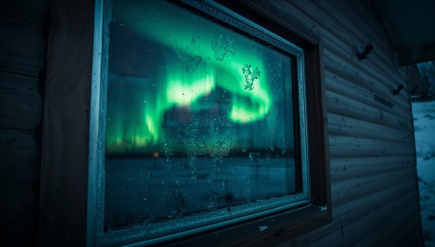 Displaying frosted cabin window showing droplets and aurora borealis at snowy cabin, wood siding - Powered by Adobe