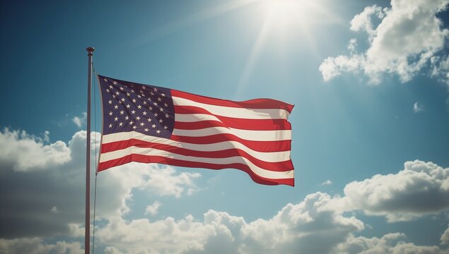 Waving American flag fluttering above metal flagpole in open sky, with sunlight and white clouds