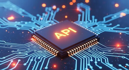 API chip on a glowing circuit board with blue light trails processor microchip