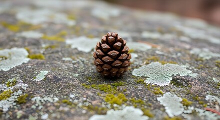 Pine cone on mossy rock, showcasing nature's intricate details and serene forest ecosystems