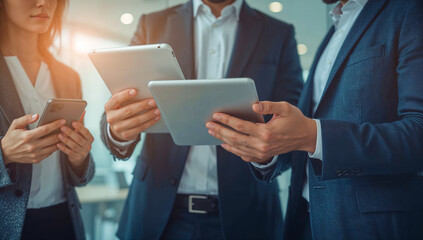 a group of business professionals huddle, reviewing information on two digital tablets and a smartphone. the modern office setting is bathed in sunlight, emphasizing technology and teamwork