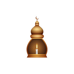 Golden lantern with crescent moon holds candle light. Perfect for ramadan, festive, islamic, celebration, spirituality, decoration, ornament concepts.