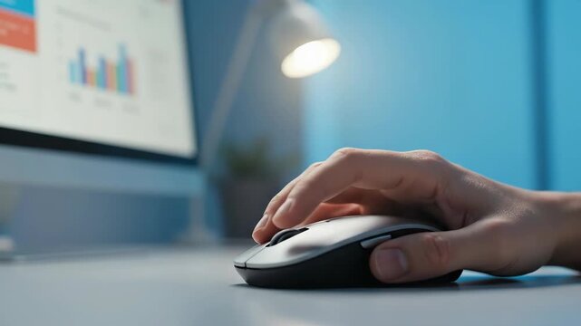A person's hand using a wireless computer mouse to click and scroll. Working on a desktop computer with data charts on the screen. Business and technology concept