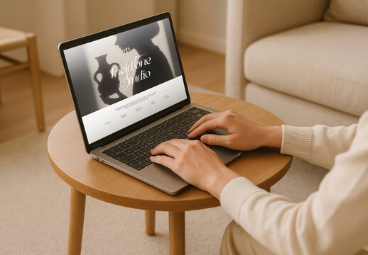 Hands Typing Laptop Mockup Table PSD