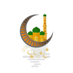 Crescent moon frames mosque with green domes and stars hanging. Suitable for islamicthemed designs, backgrounds, and religious content.