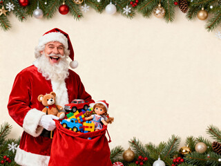 Santa Claus with a bag full of Christmas toys and festive decorations, text space