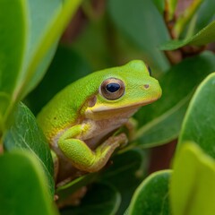 Obraz premium Vibrant green frog resting among lush leaves during a sunny day in a tropical garden
