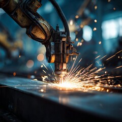 Robotic arm in action sparks flying during metal cutting process in industrial workshop