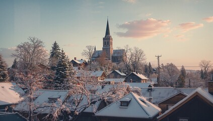 Fototapeta premium Shining central church spire rising over snowy village with houses, snow-dusted trees, power pole