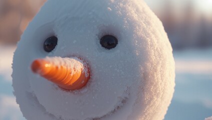 Glowing snowman head reflecting morning sunlight in snowy field, with carrot nose and button eyes