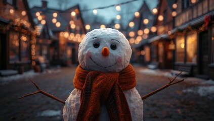Smiling snowman wearing red scarf, extending twig arms on cobblestone street with string lights