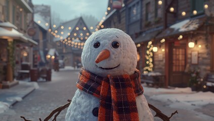 Standing snowman wearing checkered scarf with carrot nose on cobblestone street, with string lights
