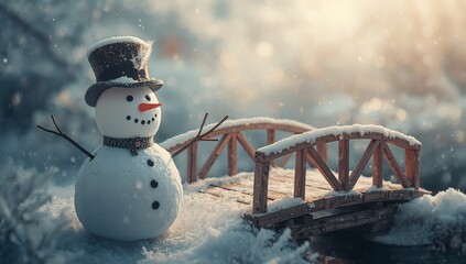 Standing handcrafted snowman wearing patterned scarf and top hat beside footbridge, copy space