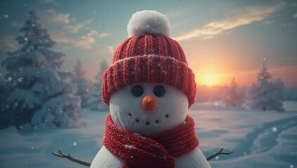 Standing snowman wearing red hat and scarf in snowy pine forest clearing, with falling snowflakes