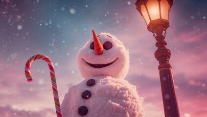Holding striped candy cane, smiling snowman standing under lit lamppost in dusk, with carrot nose