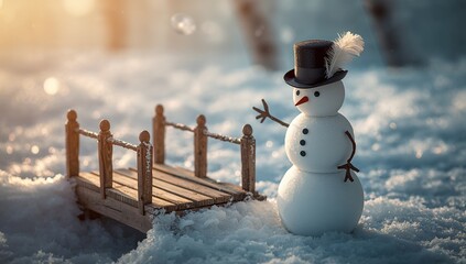 Standing snowman raising arms in snowy clearing, wearing feathered hat beside wooden footbridge
