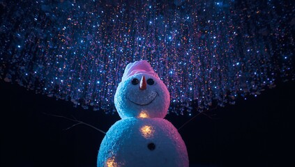 Standing synthetic snowman figure glowing within gallery, with LED strands, carrot nose, twig arms