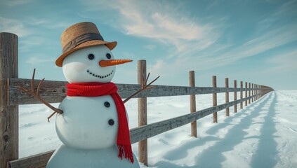Standing snowman wearing straw fedora hat and red knit scarf beside wooden fence, copy space