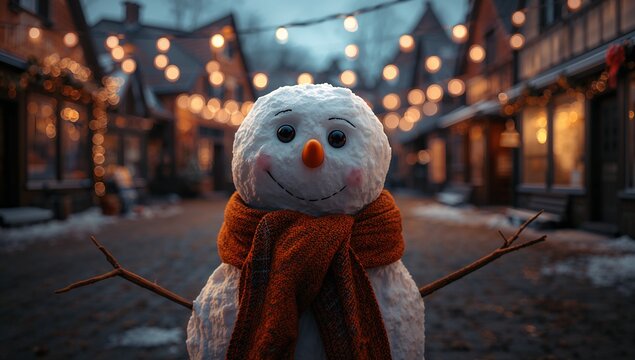 Smiling snowman wearing red scarf, extending twig arms on cobblestone street with string lights