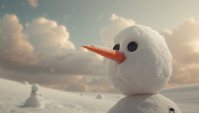 Featuring snowman head basking in warm sunlight on snowy plain, with button eyes and carrot nose