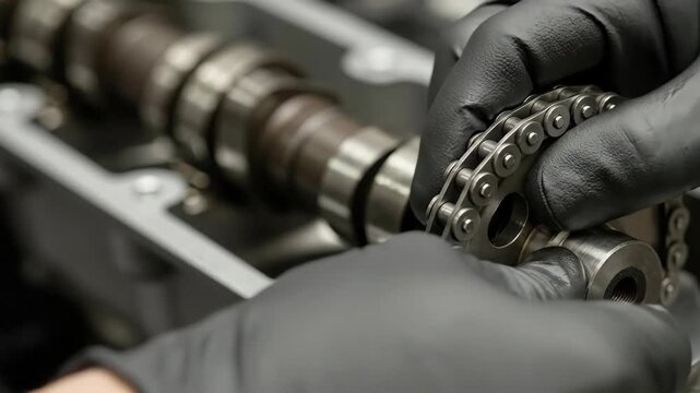 Mechanic's hands installing a timing chain on an engine camshaft. Close-up of automotive repair and vehicle maintenance. Professional motor assembly in a workshop